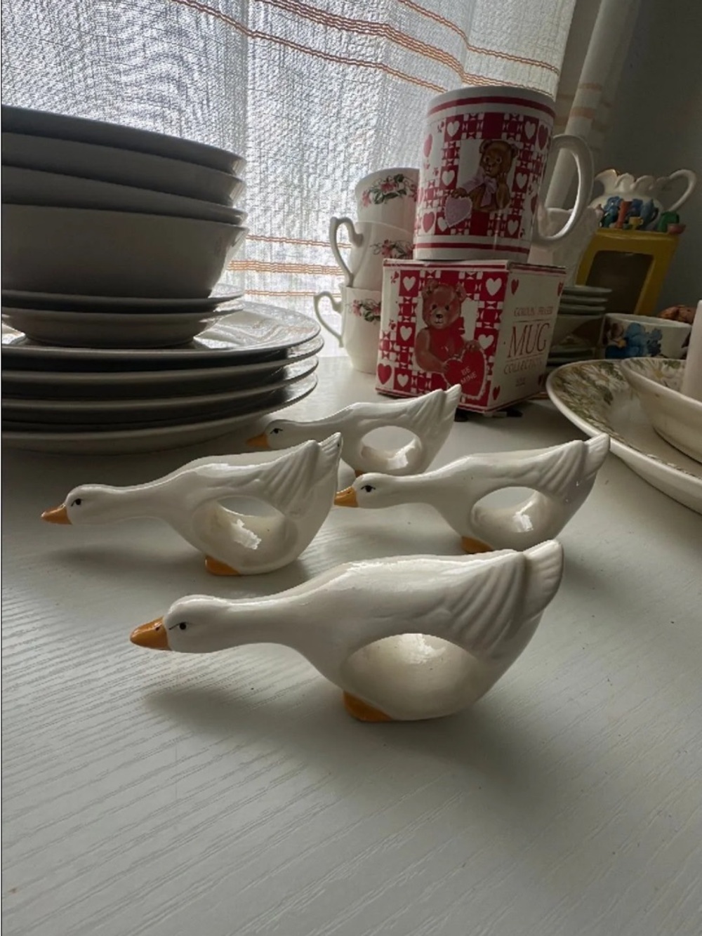 Set of 4 Ceramic Goose Napkin Rings - White with Orange Beaks